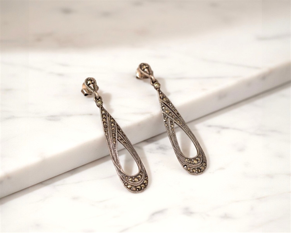 vintage style silver and marcasite long drop earrings for sale in Leeds