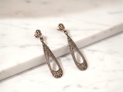 vintage style silver and marcasite long drop earrings for sale in Leeds
