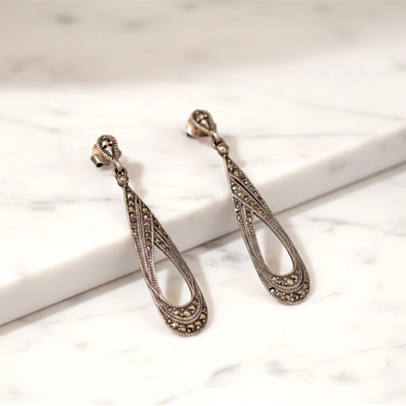 vintage style silver and marcasite long drop earrings for sale in Leeds