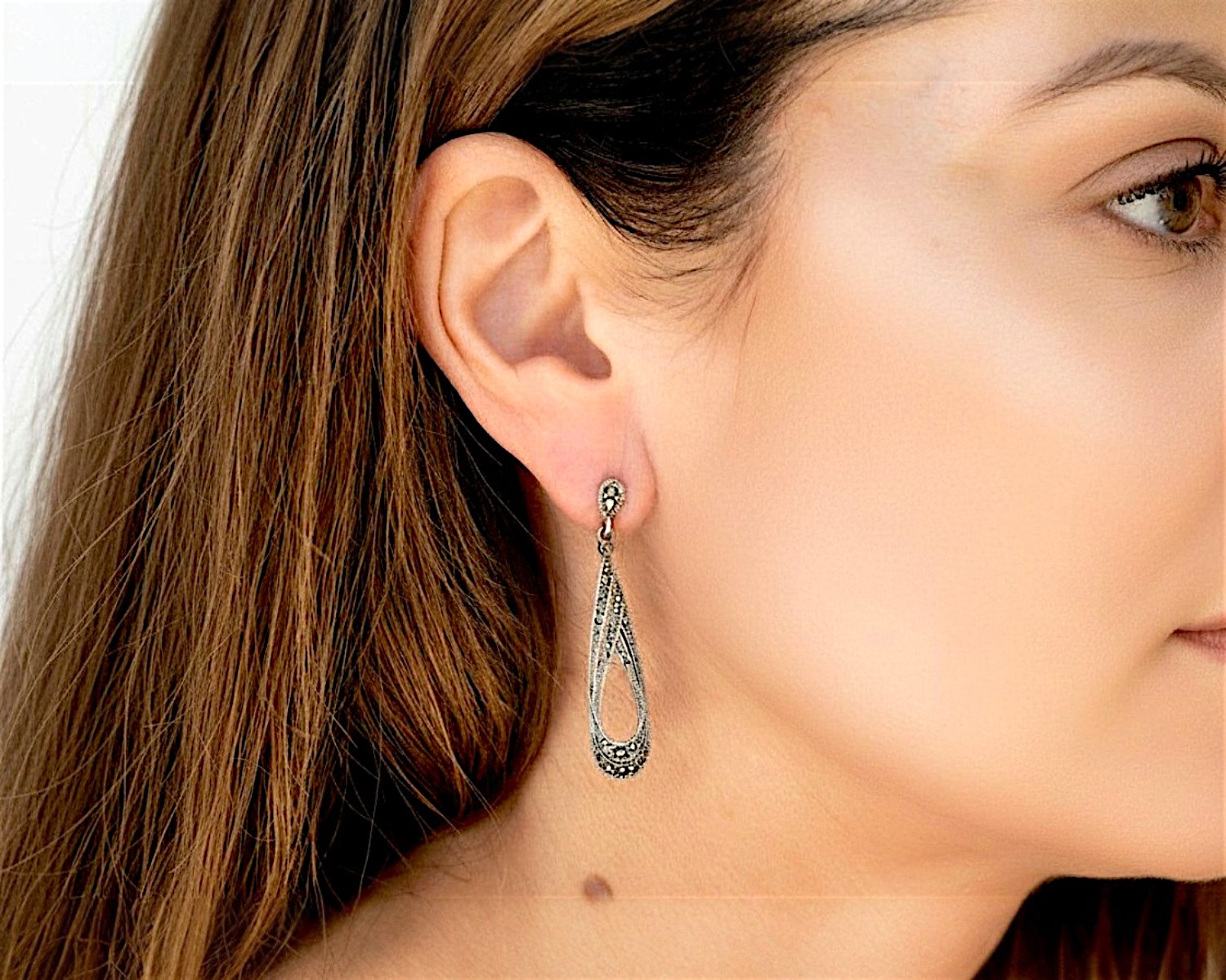long marcasite drop earrings on model