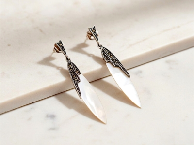vintage style mother of pearl drop earrings for sale in Leeds set with silver and marcasite in an Art Deco style