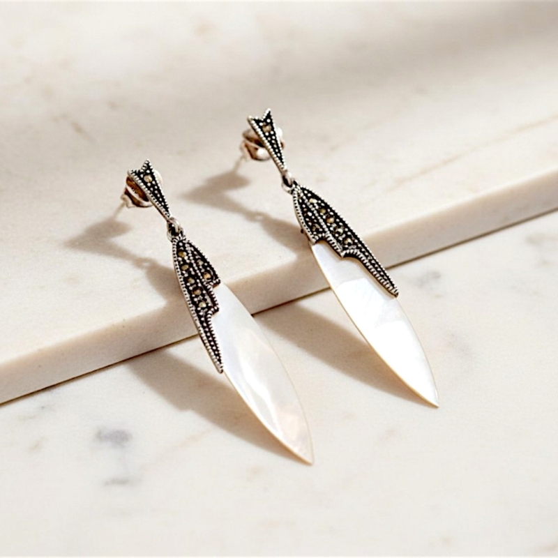 vintage style mother of pearl drop earrings for sale in Leeds set with silver and marcasite in an Art Deco style