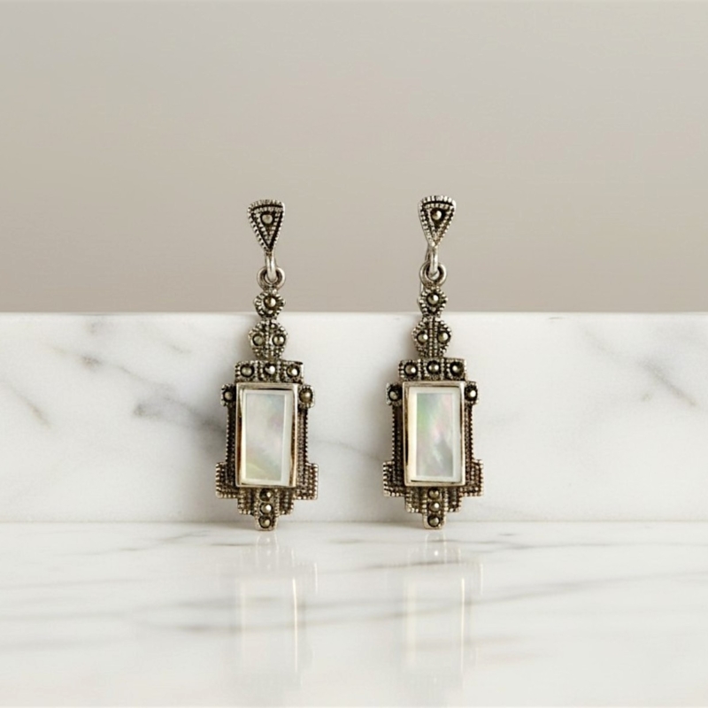 art deco style mother of pearl, silver and marcasite earrings