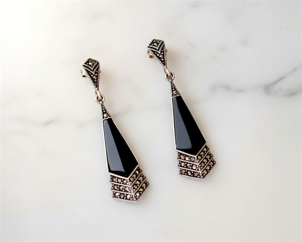 art deco style onyx, silver and marcasite drop earrings for sale in Leeds