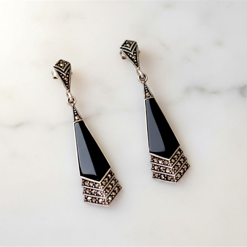art deco style onyx, silver and marcasite drop earrings for sale in Leeds