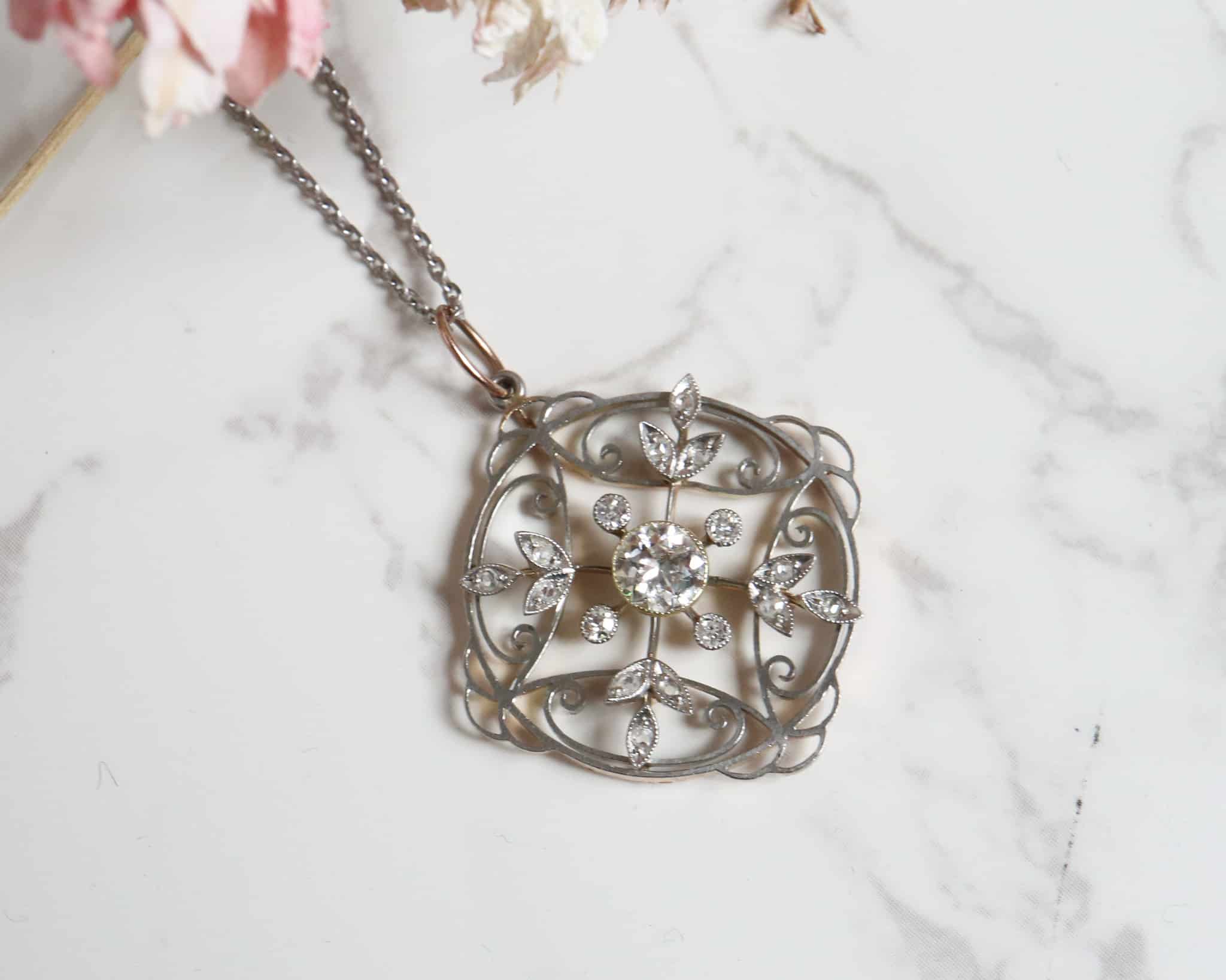 antique Edwardian diamond pendant in platinum and 18ct gold, wedding jewellery in Leeds
