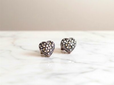 vintage style silver marcasite heart studs for pierced ears