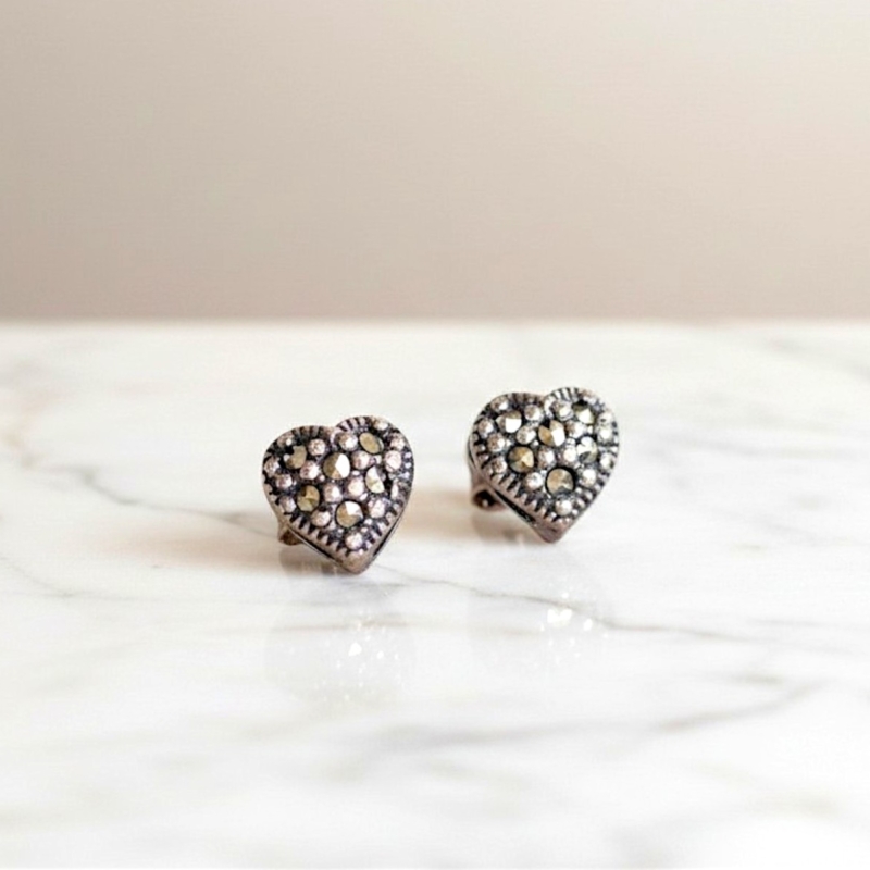 vintage style silver marcasite heart studs for pierced ears
