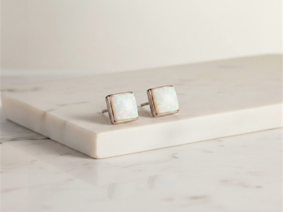 silver and white opal square shaped studs for sale in leeds