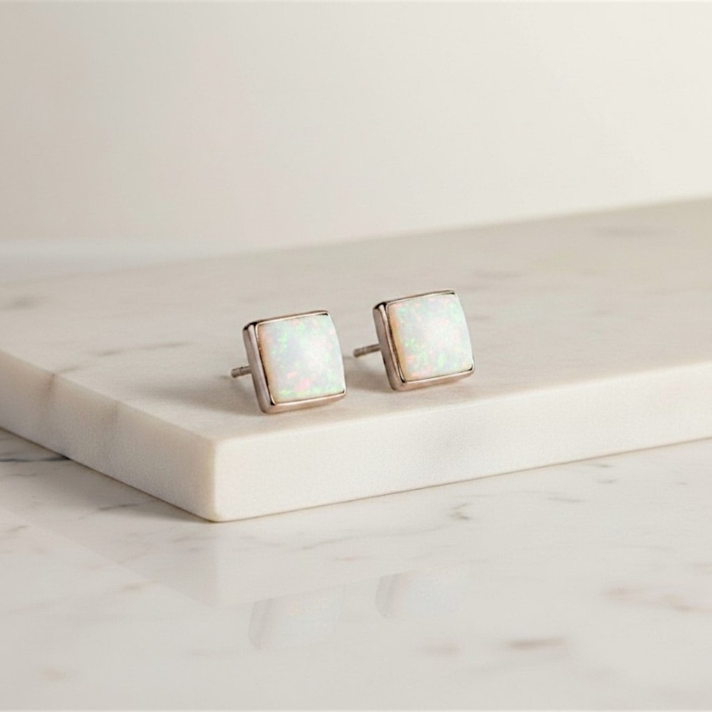 silver and white opal square shaped studs for sale in leeds