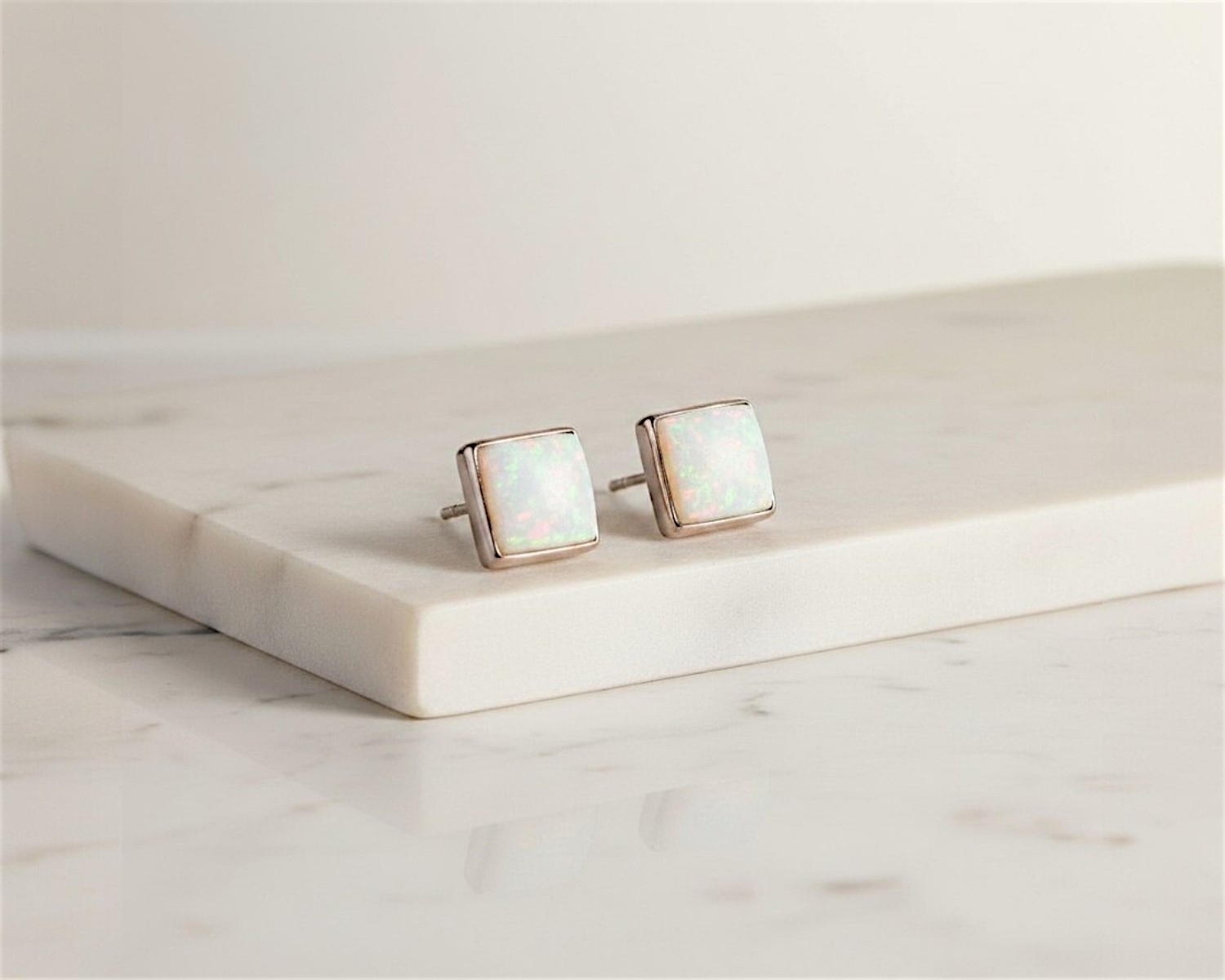 silver and white opal square shaped studs for sale in leeds