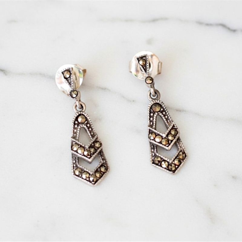 art deco style silver and marcasite small drop earrings for sale in Leeds