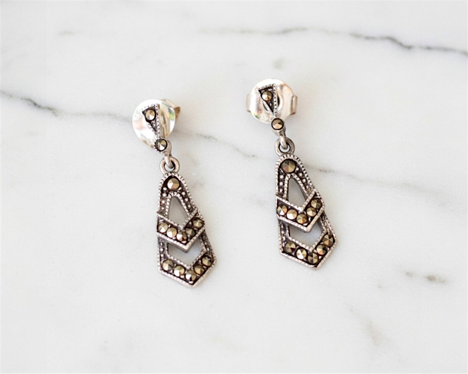 art deco style silver and marcasite small drop earrings for sale in Leeds