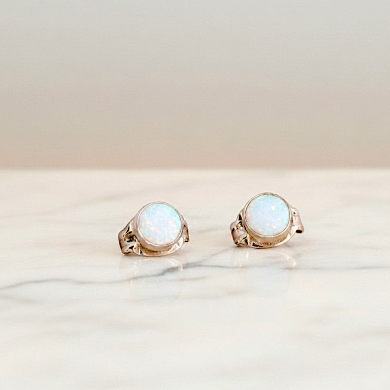 small round opal studs in white opal for sale
