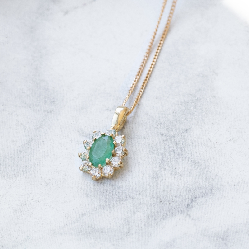 vintage style emerald and CZ pendant necklace in 9ct yellow gold for sale