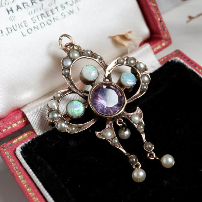 Edwardian pendant and brooch, 9ct gold, amethyst, opal and pearl for sale in Yorkshire