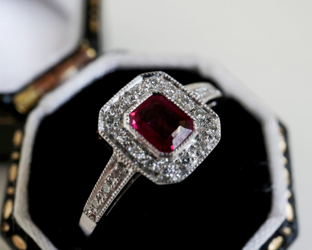 art deco style ruby and diamond ring set in 9ct white gold