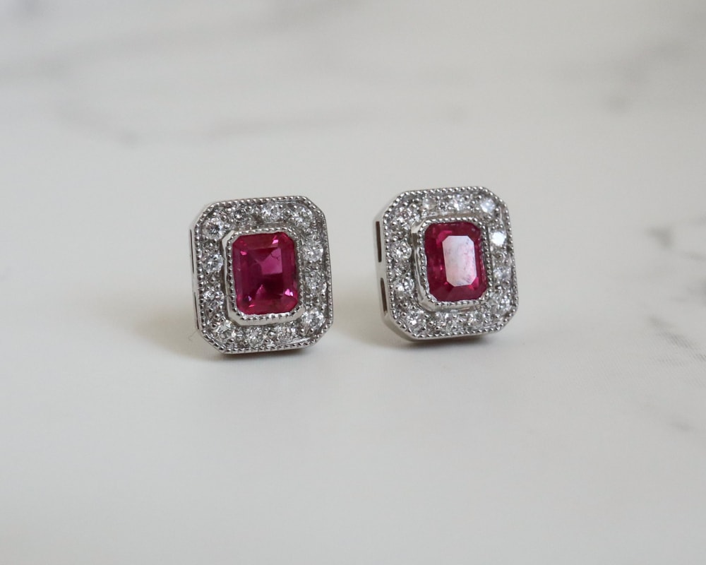 art deco style ruby and diamond stud earrings in 9ct white gold for sale in Leeds