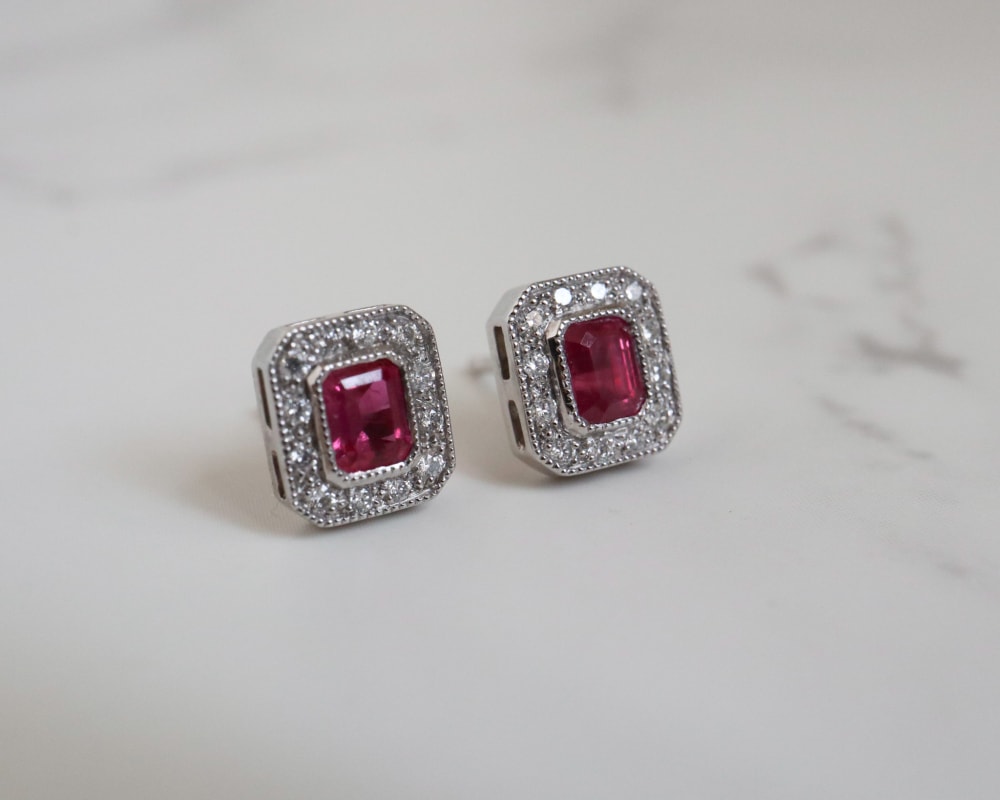 art deco style ruby and diamond stud earrings in 9ct white gold for sale in Leeds