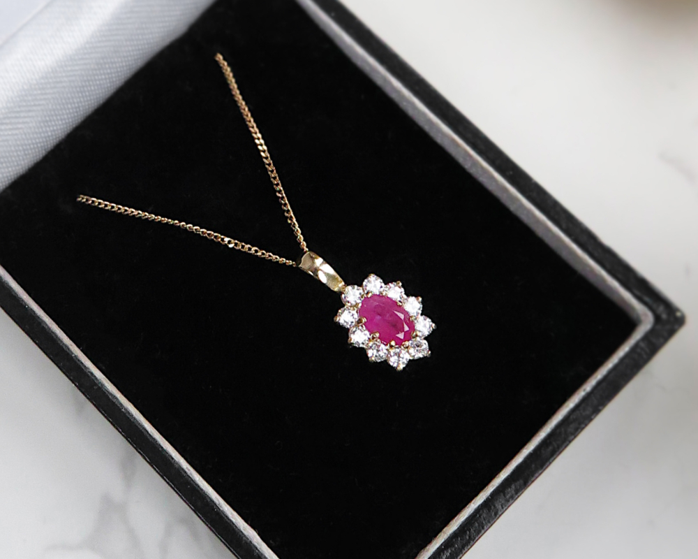 modern ruby cluster pendant with CZ in 9ct yellow gold for sale in box