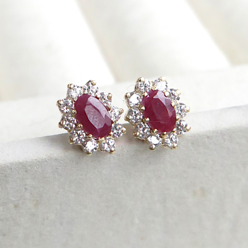 ruby cluster studs set with CZ in 9ct gold