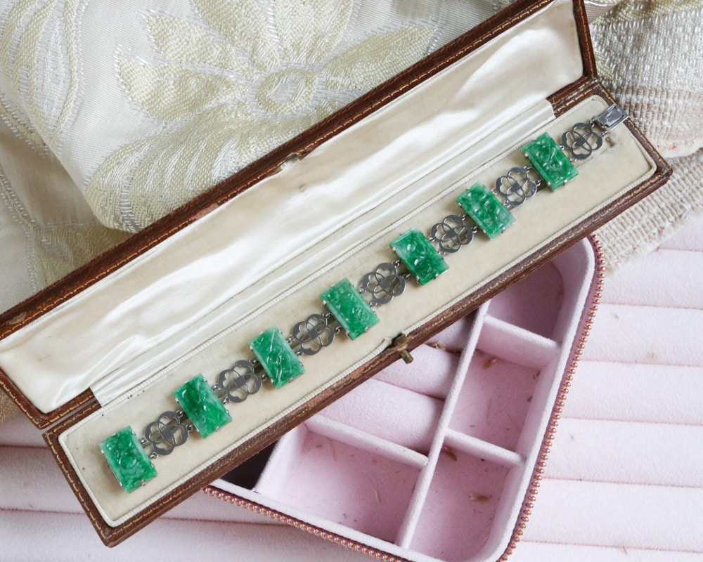 antique jade bracelet circa 1930s and set in 9ct white gold