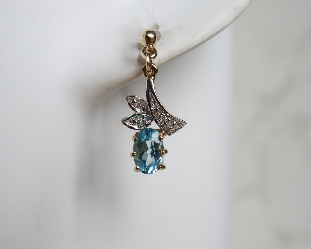 vintage blue topaz and diamond earrings in 9ct yellow gold for sale