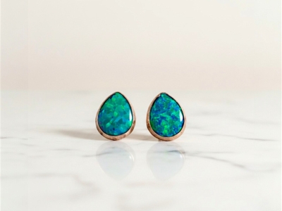 modern silver opal pear shaped stud earrings for pierced ears in dark blue/green
