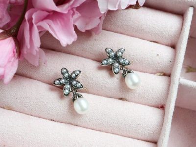 vintage style silver, pearl and marcasite drop earrings in a flower design