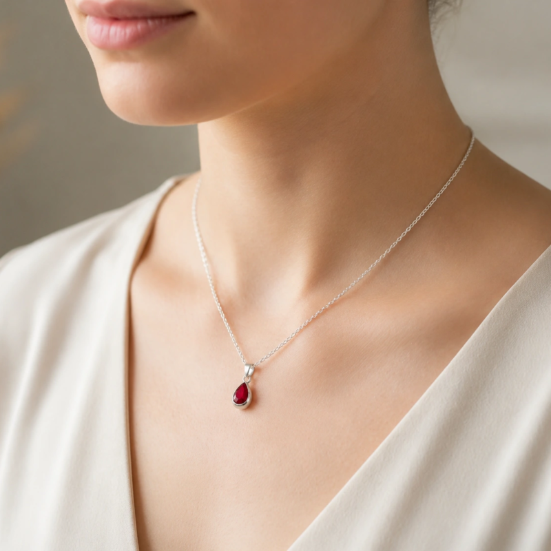 silver and ruby pear cut pendant on a model's neck