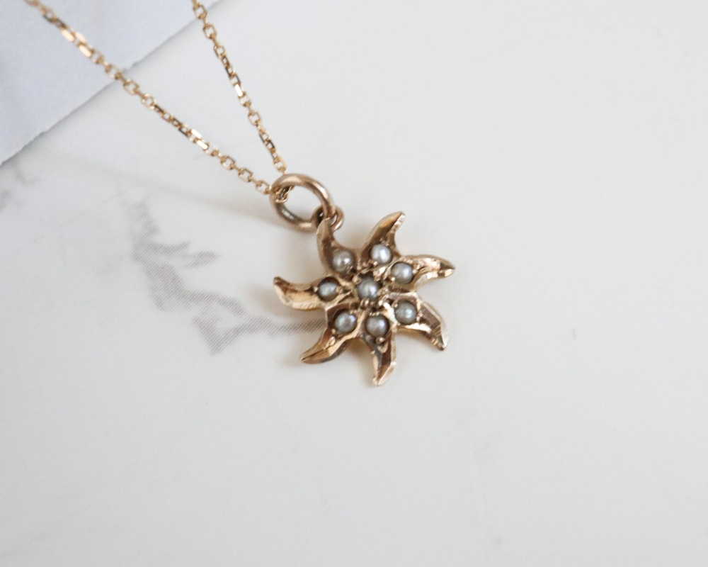 IMG_0305 antique seed pearl pendant set in 10ct gold, originally an Edwardian stick pin on a modern 9ct gold chain