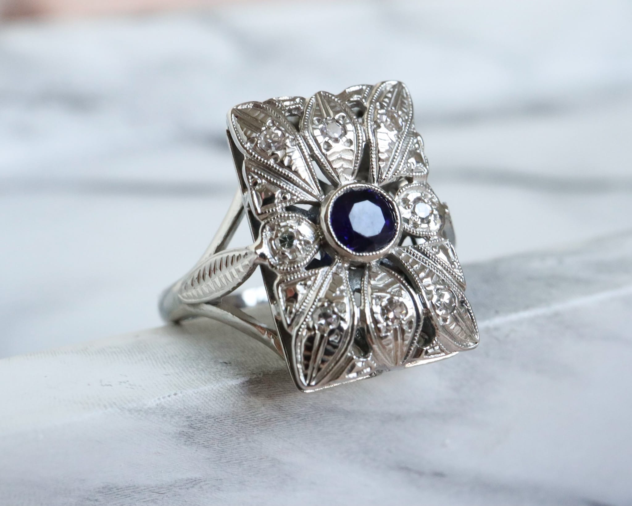 antique sapphire and diamond statement ring converted from a clasp on string of pearls
