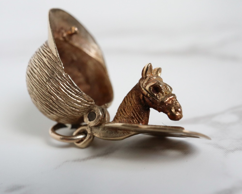 vintage 9ct gold 1970s jockey charm with horse inside