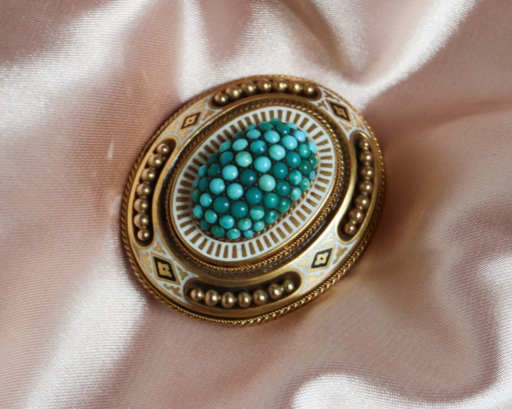 Victorian Etruscan Revival 15ct gold, turquoise, enamel brooch for sale