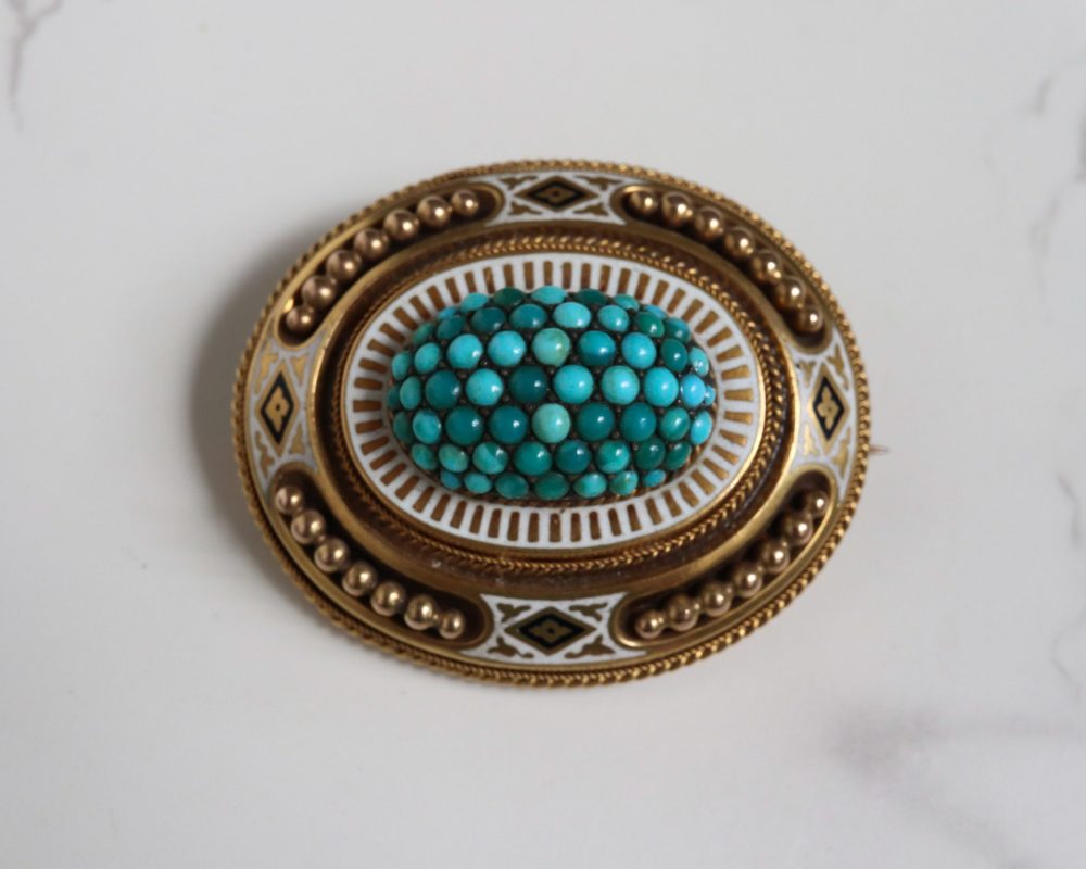 IMG_0913 (2) Victorian Etruscan Revival 15ct gold, turquoise, enamel brooch for sale