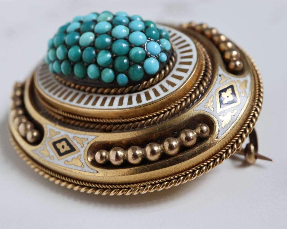 Victorian Etruscan Revival 15ct gold, turquoise, enamel brooch for sale