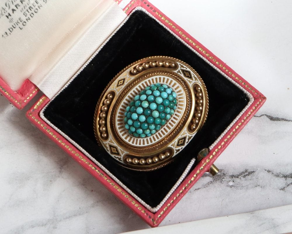 Victorian Etruscan Revival 15ct gold, turquoise, enamel brooch for sale