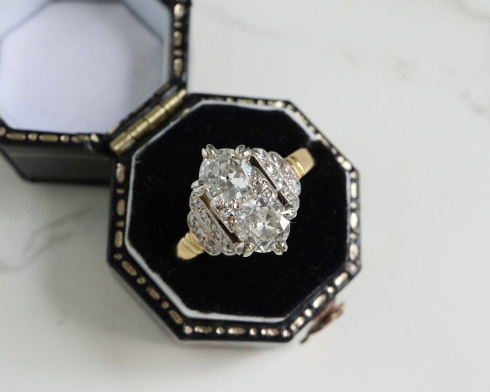 antique Art Deco two stone diamond ring in 18ct yellow gold. 1.35ct diamond weight. For sale in Leeds, Yorkshire