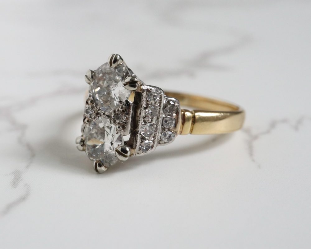 antique Art Deco two stone diamond ring in 18ct yellow gold. 1.35ct diamond weight. For sale in Leeds, Yorkshire