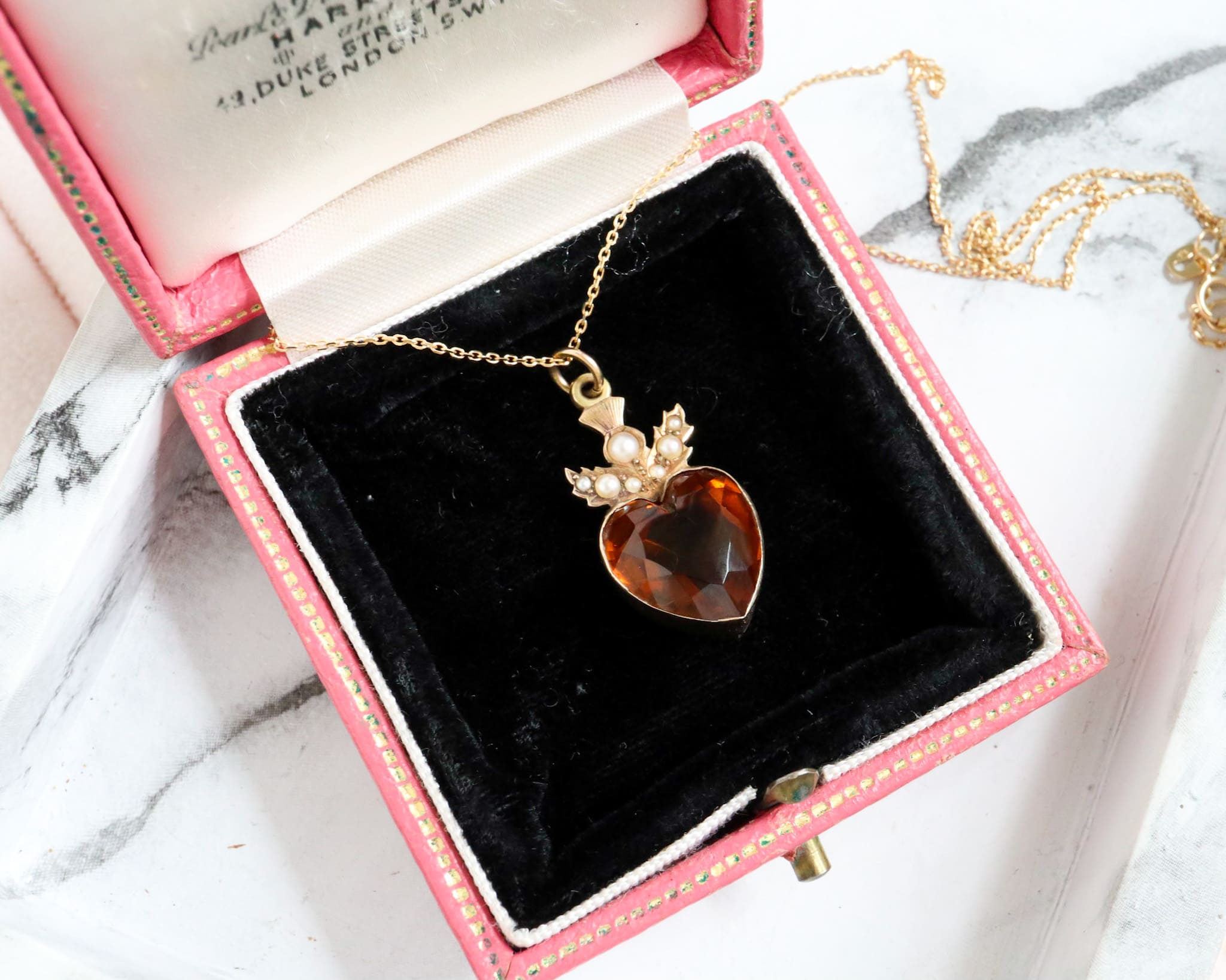 antique citrine and seed pearl heart from the Victorian era in 99ct yellow gold