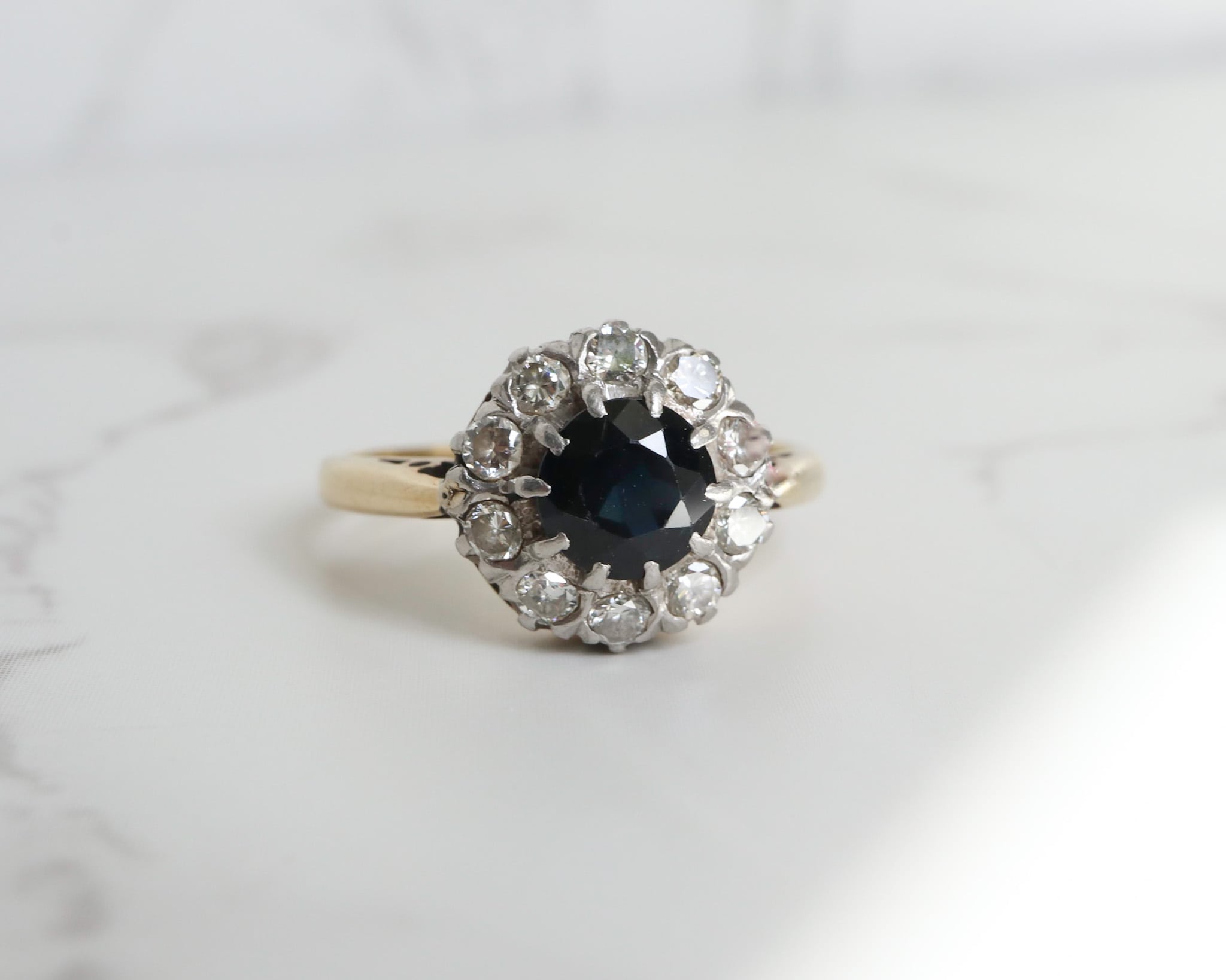 antique 1940s sapphire and diamond cluster ring in 18ct yellow gold and platinum for sale in Leeds