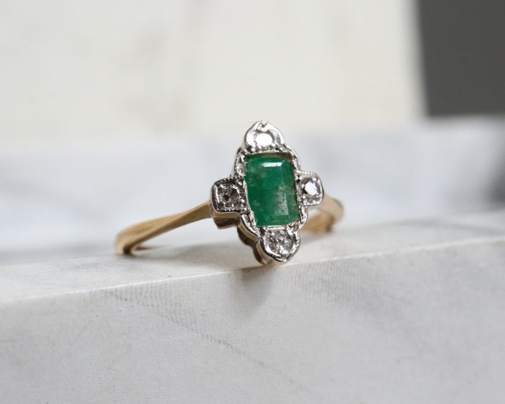 art deco emerald and diamond ring for little finger ring set in 18ct yellow gold and platinum