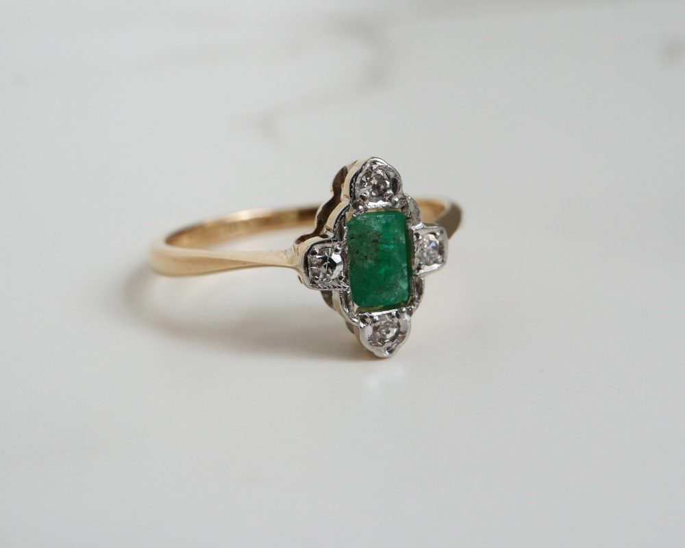 art deco emerald and diamond ring for little finger ring set in 18ct yellow gold and platinum