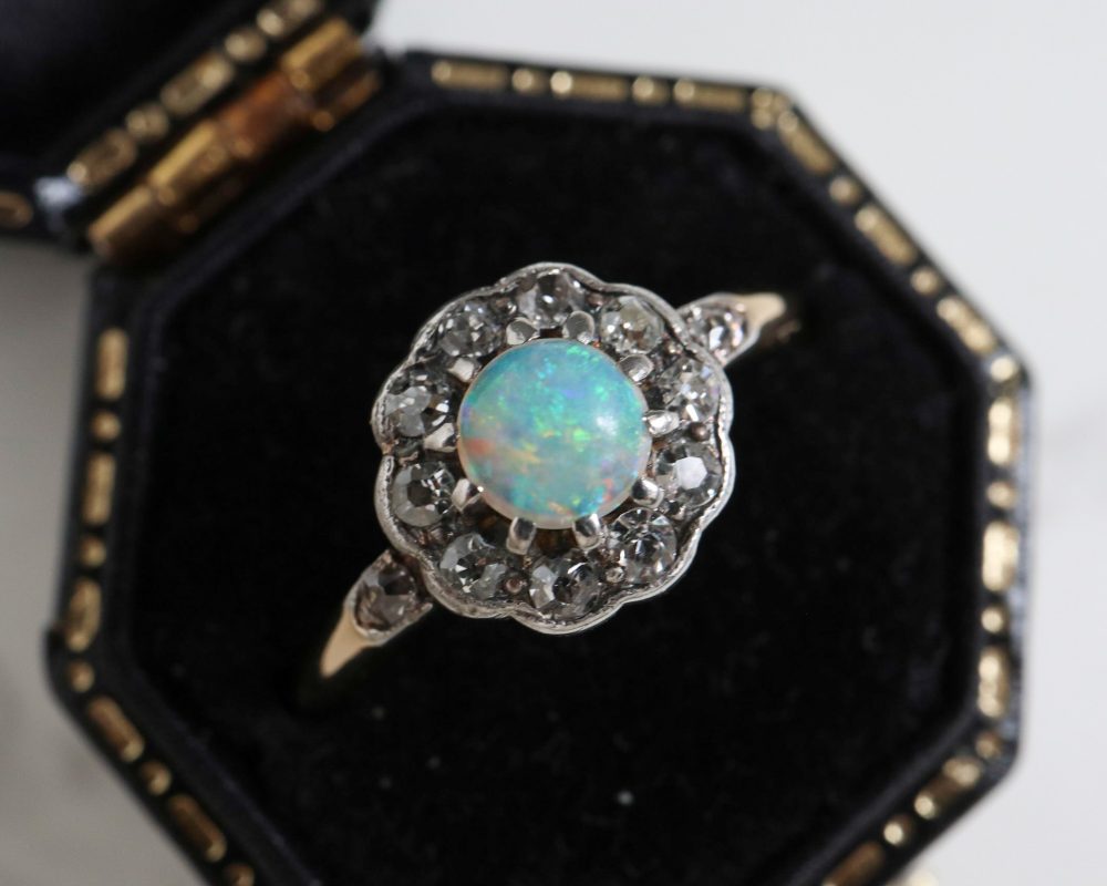 antique opal and diamond cluster ring circa 1920s