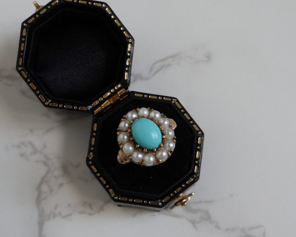 vintage turquoise and seed pearl ring set in 9ct yellow gold for sale in Leeds
