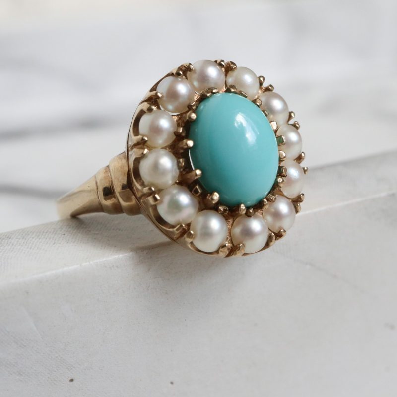 vintage turquoise and seed pearl ring set in 9ct yellow gold for sale in Leeds