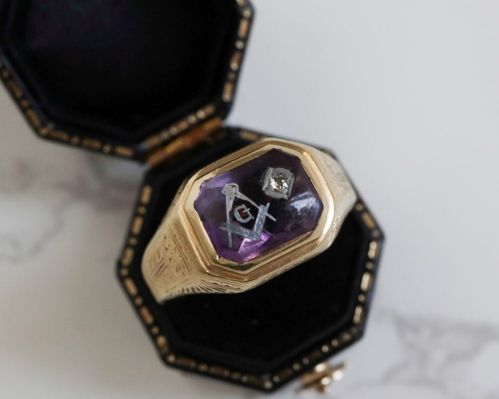 antique masonic ring circa 1930s, amethyst and diamond with square and compass