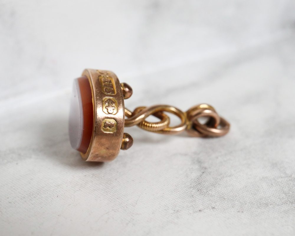 antique Victorian banded agate fob pendant set in 9ct gold, dated Birmingham 1893