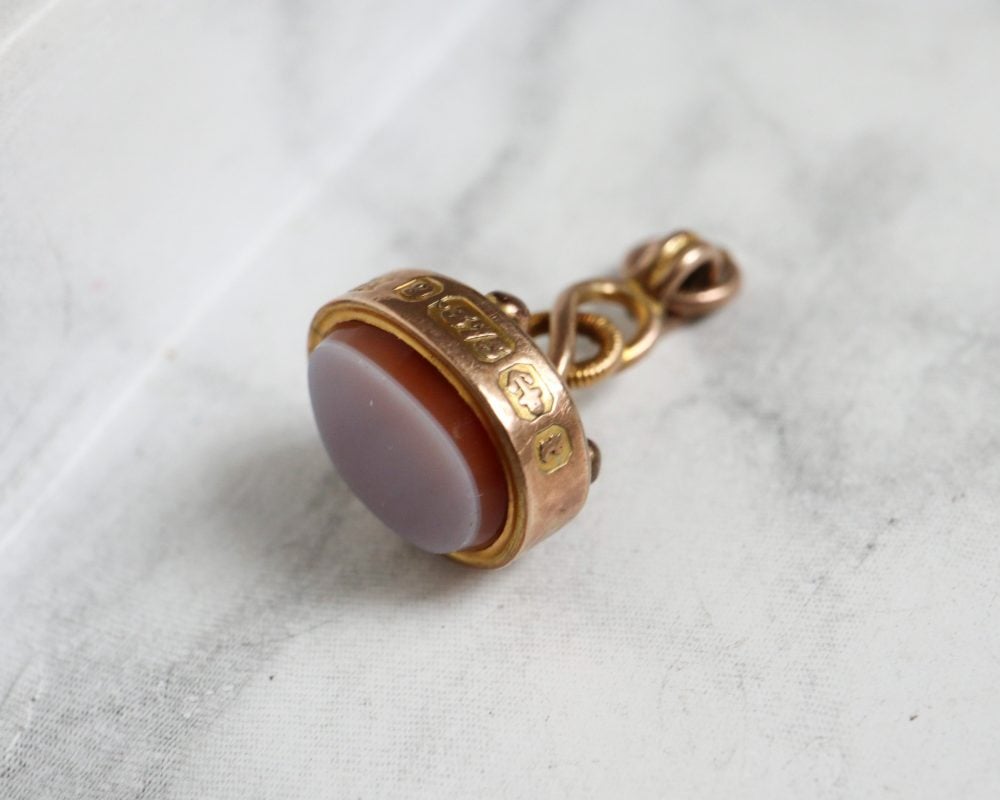 antique Victorian banded agate fob pendant set in 9ct gold, dated Birmingham 1893