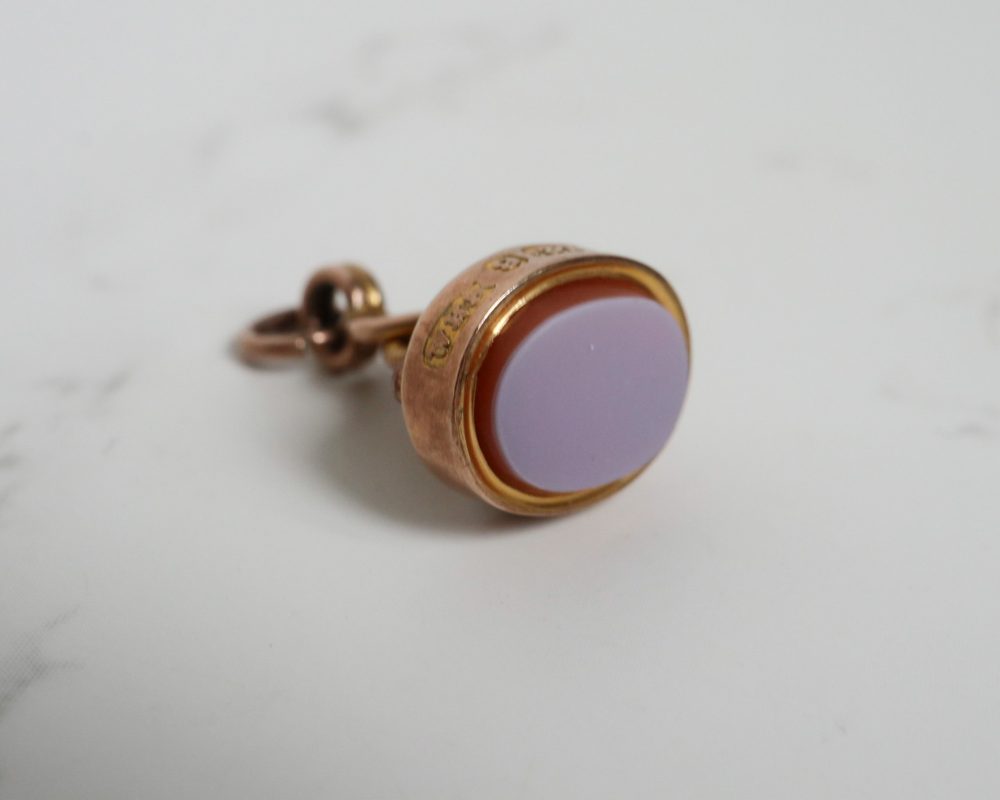 antique Victorian banded agate fob pendant set in 9ct gold, dated Birmingham 1893